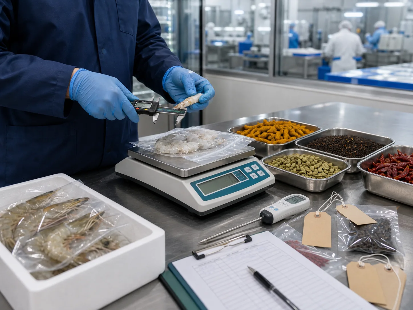 Food quality technician inspecting and weighing product samples